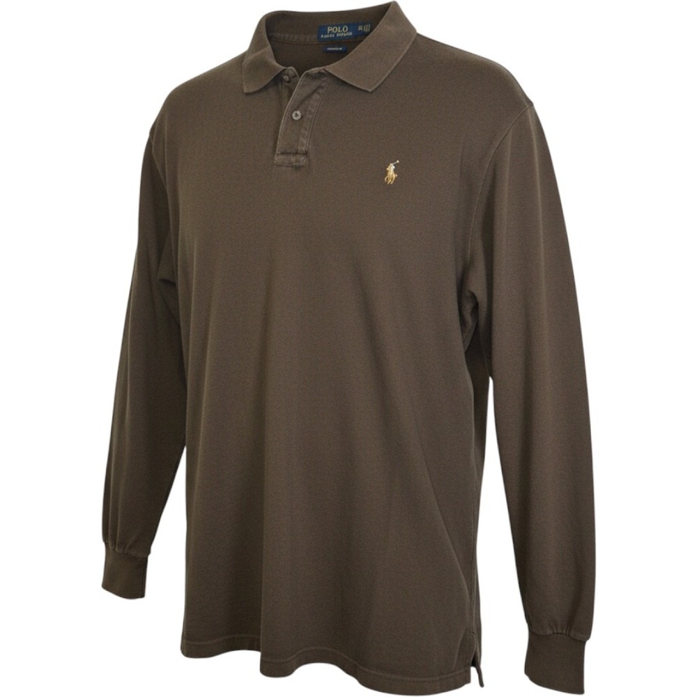 Polo Ralph Lauren Mens XXL Brown Long Sleeve Polo Shirt Classic Fit Cotton Logo